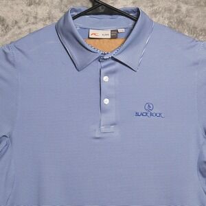 KJUS Polo Shirt Mens Medium Blue Soren Stripe Golf UPF 50+ Stretch Black Rock